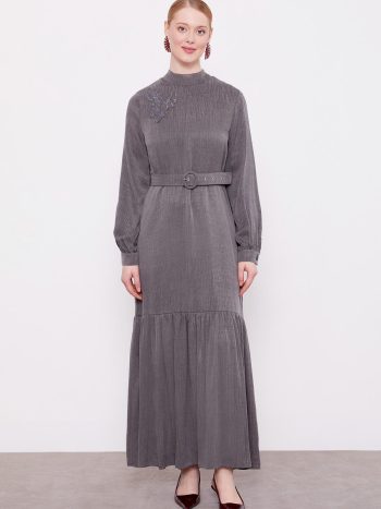 Anthracite Shoulder Embroidered Detail Crepe Dress