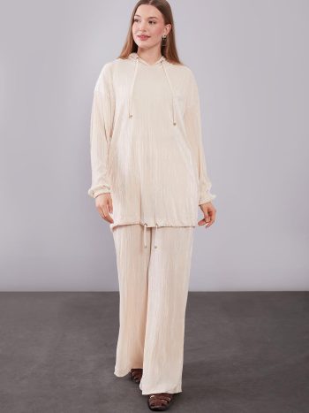 Beige Hooded Two-Piece Set with Drawstring Detail