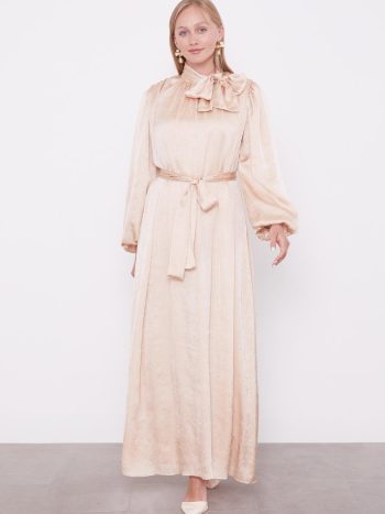 Beige Sash Detail Crinkle Satin Dress