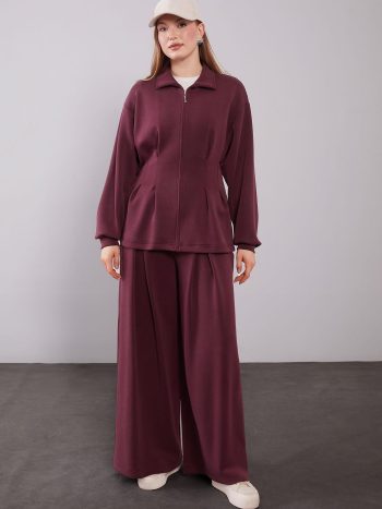 Burgundy Waist-Fit Pleated Detail Two-Piece Set