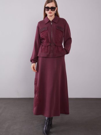 Burgundy Pleated Patch Detail Skirt Set