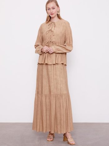 Camel Fiyonk Detaylı Ceketli Elbise