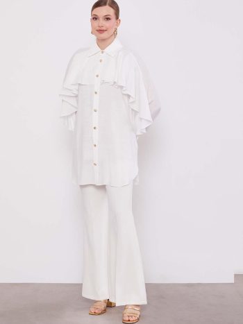 Ecru Ruffle Detail Button-Down Shirt