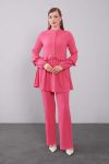 Fuchsia Half Placket Ruffle Detail Two-Piece Set
