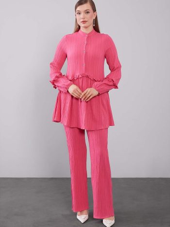 Fuchsia Half Placket Ruffle Detail Two-Piece Set