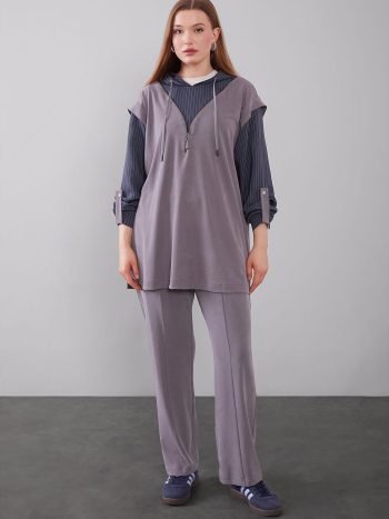 Gray Striped Detail Hooded Two-Piece Set