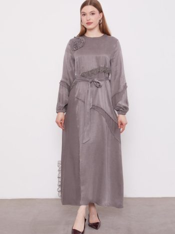 Gri Dantel Şeritli Cupra Elbise