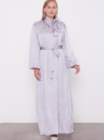 Gray Belted Crinkle Satin Dress
