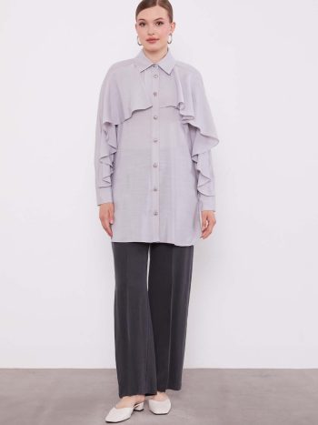 Gray Ruffle Detail Button-Down Shirt