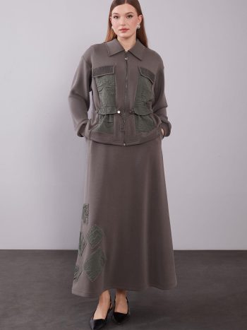 Gray Pleated Patch Detail Skirt Set