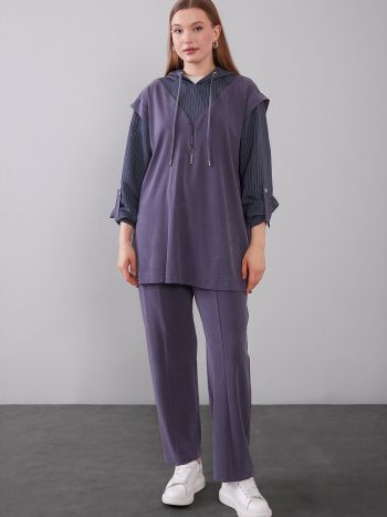 Indigo Striped Detail Hooded Two-Piece Set