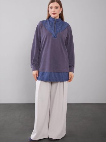 İndigo Kapüşonlu Çizgi Detay Sweat