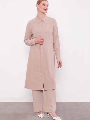 Dark Beige Front Striped Stone Embellished Tunic