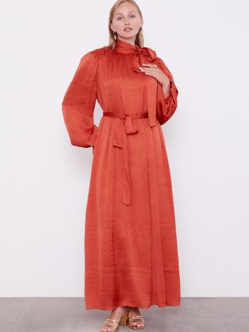 Satin Crepe Belted Dress with Bow Detail