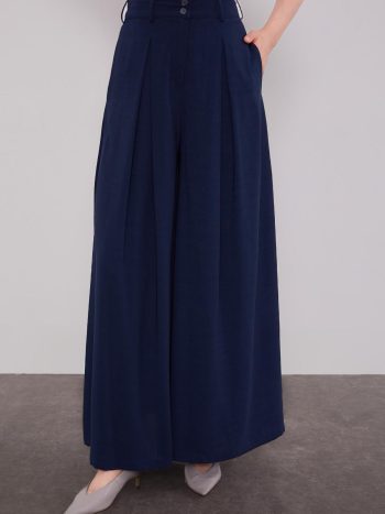 Navy Blue Wide-Leg Pleated Pant Skirt