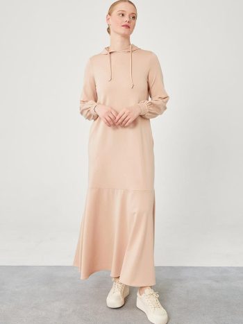 Beige Hooded Dress with Hidden Pocket Detail
