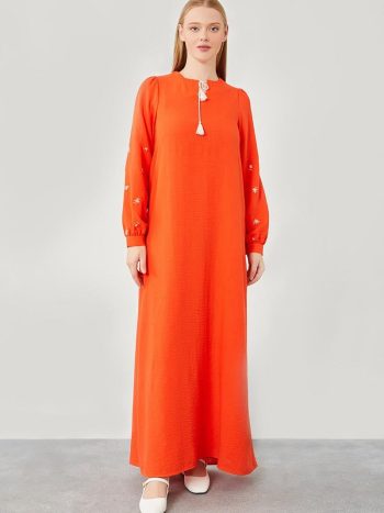 Coral Neckline Tie-Sleeve Embroidered Garnet Dress