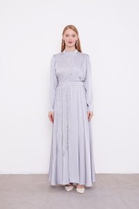 Stone-Embellished Dress with Gray Waist Belt