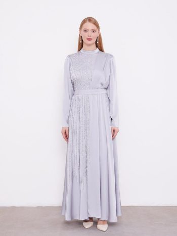 Stone-Embellished Dress with Gray Waist Belt