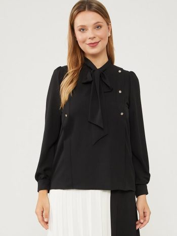 Black Self-Tie Scarf Chiffon Blouse