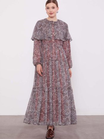 فستان شيفون برتقالي بزخارف إثنية