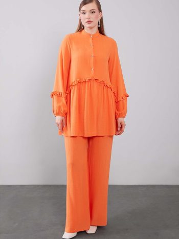 Orange Half-Sleeve Ruffle Detail Two-Piece Set