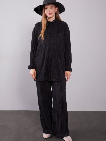 Black Hooded Two-Piece Set with Drawstring Detail