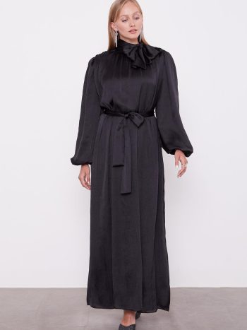 Black Belt Detail Crinkle Satin Dress