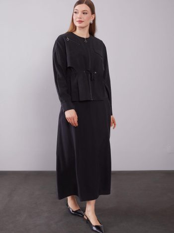 Black Shoulder Zipper Detail Skirt Set