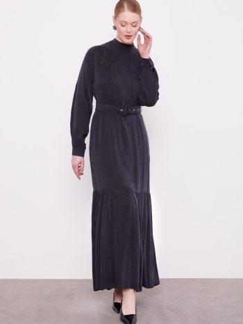 Black Cupra Dress with Shoulder Embroidery Detail