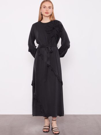 Black Collar Floral Detail Cupra Dress