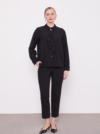 Black Scarf Collar Brooch Detail Blouse