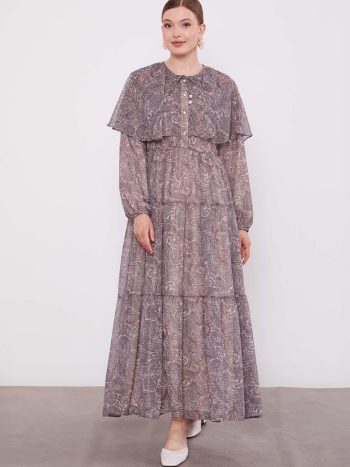 Vizon Etnik Desenli Şifon Elbise