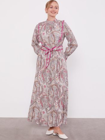 Ethnic Pattern Dress with Mink Frills