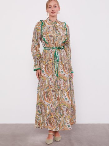 Green Ruffled Ethnic Pattern Dress