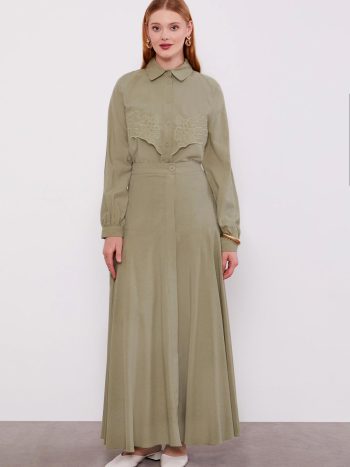 Green Embroidered Detail Cupra Skirt Set