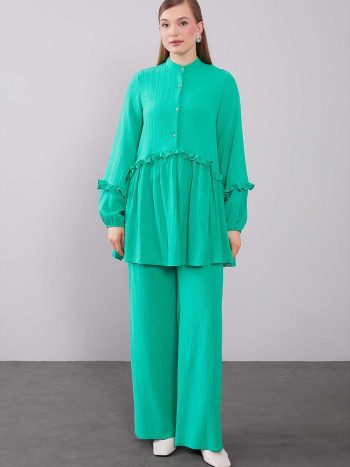 Green Half-Sleeve Ruffle Detail Two-Piece Set