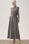 Shoulder-Detailed Belted Abaya - Anthracite