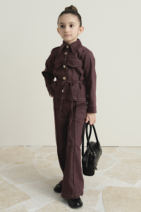 Front Pocket Detail Cotton Denim Set - Burgundy