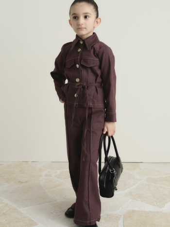 Front Pocket Detail Cotton Denim Set - Burgundy