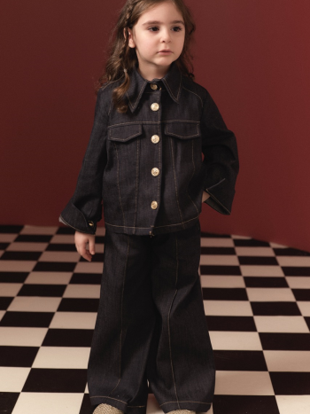 Front Pocket Detail Cotton Denim Set - Navy Blue