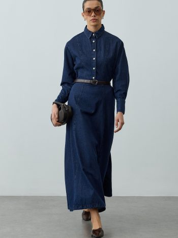 Detailed Denim Dress Navy Blue