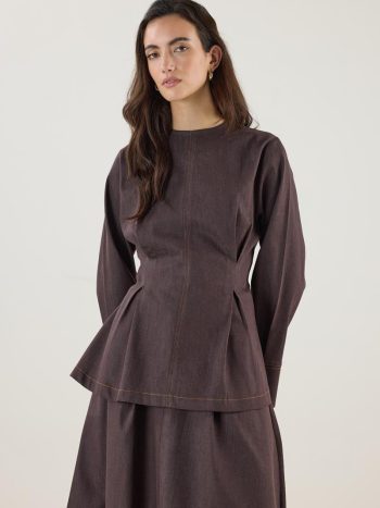 Brown Denim Blouse with Pile Detail