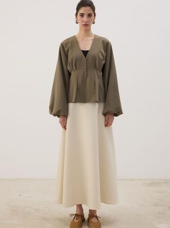 Pleated Short Jacket in Khaki