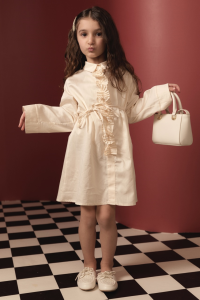 Pleated Detail Compact Satin Cotton Children's Dress - Cream