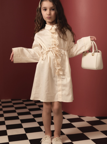 Pleated Detail Compact Satin Cotton Children's Dress - Cream