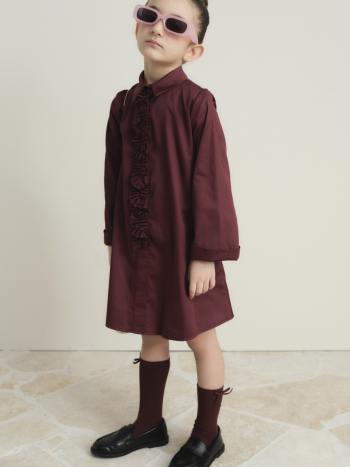 Pleated Detail Compact Satin Cotton Children's Dress - Burgundy