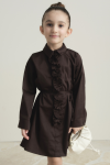 Pleated Detail Compact Satin Cotton Children's Dress - Coffee