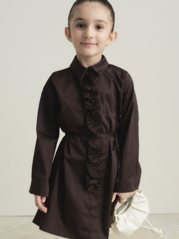 Pleated Detail Compact Satin Cotton Children's Dress - Coffee