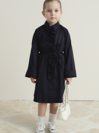 Pleated Detail Compact Satin Cotton Children's Dress - Navy Blue